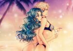 2_girls adult_swim alluring bikini bishoujo_senshi_sailor_moon bishoujo_senshi_sailor_moon_s bishoujo_senshi_sailor_moon_s_the_movie bishoujo_senshi_sailor_moon_supers bishoujo_senshi_sailor_moon_supers_the_movie blonde_hair blue_eyes blush cocktail commentary couple dated drink english_commentary haruka_ten'ou hug_from_behind hugging kay-i long_hair michiru_kaiou multiple_girls one-piece_bikini outside palm_tree parted_bangs short_hair signature smile sunset swimsuit teal_hair toei_animation toonami tree very_short_hair viz_media wavy_hair white_one-piece_bikini yuri
