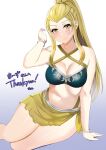 1girl 1girl 1girl alluring big_breasts bikini blonde_hair blue_bikini blue_swimsuit cleavage female_only fire_emblem fire_emblem_engage intelligent_systems jade_(fire_emblem) long_hair looking_at_viewer nintendo ponytail sarong smile swimsuit tara_(szzj7733) yellow_bikini yellow_eyes yellow_swimsuit
