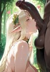 1boy1girl 1girl ai_generated blonde_hair cerestia_of_life curvy curvy_female curvy_figure dark-skinned_male dark_skin elf elf_ears fellatio forest last_origin licking_penis long_hair nude sex
