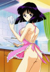 1girl adult_swim alluring bishoujo_senshi_sailor_moon bishoujo_senshi_sailor_moon_s bishoujo_senshi_sailor_moon_supers black_hair hotaru_tomoe kitchen medium_breasts naked_apron purple_eyes sideboob toei_animation toonami viz_media wolf_(artist)
