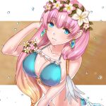 1girl 1girl alluring big_breasts bikini blonde_hair blue_bikini blue_eyes cleavage earrings female_focus fire_emblem fire_emblem_heroes flower gradient_hair gunnthra_(fire_emblem) gunnthra_(summer)_(fire_emblem) hair_flower hair_ornament intelligent_systems jewelry lazulia long_hair multicolored_hair navel nintendo parted_lips pink_hair smile swimsuit upper_body