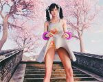 1girl 3d black_hair blender bottomless brown_eyes dress dress_lift flashing forsavide ling_xiaoyu looking_at_viewer namco pubic_hair pussy tekken tekken_8 twin_tails