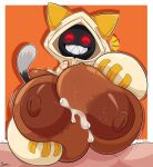 1girl 1girls arc_system_works big_breasts blazblue boobs_bigger_than_head breasts breasts_bigger_than_head breasts_out cat_ears catgirl cum cum_between_breasts dark-skinned_female dark_skin fecharis feline hoodie huge_breasts kaka_(blazblue) mask masked masked_female paizuri paizuri red_eyes sharp_teeth sweaty sweaty_breasts taokaka wonsubon