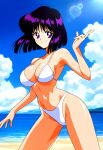 1girl adult_swim alluring beach bikini bishoujo_senshi_sailor_moon bishoujo_senshi_sailor_moon_s bishoujo_senshi_sailor_moon_supers black_hair blue_eyes hotaru_tomoe in_water medium_breasts ocean posing purple_eyes toei_animation toonami viz_media white_bikini wolf_(artist)