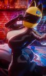 1girl 2025 3d 3d_(artwork) animal_ear_headwear animal_ears ass big_ass big_breasts bodysuit breasts cat_ear_helmet cat_ears catsuit celty_sturluson defenderarts_(artist) durarara!! huge_breasts motorcycle_helmet open_bodysuit open_clothes peace_sign skin_tight tight_clothes tight_clothing unzipped unzipped_bodysuit yellow_helmet
