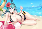 1girl 1girl 1girls alluring alternate_costume bare_legs beach bikini black_bikini black_swimsuit byleth_(fire_emblem) byleth_(fire_emblem)_(female) cleavage fire_emblem fire_emblem:_three_houses fire_emblem_heroes flower grin hair_flower hourglass_figure inner_tube intelligent_systems long_hair looking_at_viewer nintendo ocean official_alternate_costume on_side pose red_flower sand seaside smile swimsuit teal_hair tutanigi1901 wide_hips