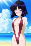 1girl 1girl adult_swim alluring bare_legs beach big_breasts bikini bishoujo_senshi_sailor_moon bishoujo_senshi_sailor_moon_s bishoujo_senshi_sailor_moon_supers black_hair blue_sky blush cleavage hotaru_tomoe nervous ocean purple_eyes sepia_tone_(artist) sling_bikini toei_animation toonami