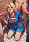 1girl 1girl ai_generated blonde_hair blue_eyes group_sex handjob on_knees redcherryart supergirl