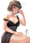 1girl absurd_res alluring alternate_costume atlus babydoll bare_shoulders big_breasts black_babydoll blunt_bangs braid brown_hair cleavage collarbone commentary crown_braid english_commentary half-closed_eye hand_on_own_thigh hand_up high_res lace-trimmed_babydoll lace_trim makoto_niijima one_eye_closed open_mouth persona persona_5 pink_lips pink_nails red_draws red_draws5 red_eyes sega short_hair silf simple_background sleepy squeans star_(symbol) strap_slip white_background