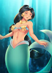 1girl aladdin_(series) alternate_species arabian arabian_clothes belly big_breasts black_hair breasts cleavage dark-skinned_female dark_skin disney disney_princess earrings female female_only green_tail harem_outfit haryudanto hazel_eyes jpeg merfolk mermaid mermaid_tail mermaid_transformation navel princess_jasmine seashell_bra signature small_top solo strapless_bra tanned transformation under_boob underwater