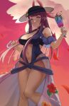 1girl 1girl absurd_res bare_shoulders big_breasts black_hat blue_one-piece_bikini cleavage clothing_cutout dress dress_swimsuit fire_emblem fire_emblem_engage fire_emblem_heroes flower furrowed_brow hat high_res intelligent_systems ivy_(fire_emblem) ivy_(summer)_(fire_emblem) long_hair mole mole_under_mouth navel nintendo official_alternate_costume one-piece_bikini pearlbbbb purple_eyes purple_hair stomach stomach_cutout swimsuit