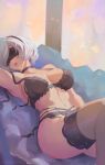 1girl aurizerozero big_breasts blindfold bubble_butt cleavage horny inviting_to_sex laying laying_down nier nier:_automata nier_(series) pose stockings teasing thick_thighs white_hair yorha_no._2_type_b