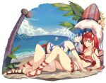 1girl 2_girls all_fours alluring alternate_costume beach bikini bikini_skirt blue_bikini blue_eyes blue_swimsuit blush boat coconut coconut_tree cordelia_(fire_emblem) cordelia_(fire_emblem)_(cosplay) cosplay female_only fire_emblem fire_emblem_awakening fire_emblem_cipher fire_emblem_heroes flower frilled_bikini frills gladiator_sandals high_res intelligent_systems legs licking_lips looking_at_viewer lucina_(fire_emblem) medium_breasts multiple_females multiple_girls nintendo ocean official_alternate_costume palm_tree red_bikini red_hair red_swimsuit sand sandals severa_(fire_emblem) sports_bikini surfboard swim_ring swimsuit tiara toes tongue tongue_out tree twin_tails watercraft yuri yusi_vishnu