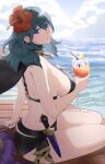 1girl alluring ass big_breasts bikini black_bikini blue_eyes blue_hair blue_sky byleth_(fire_emblem) byleth_(fire_emblem)_(female) byleth_(summer)_(fire_emblem)_(female) cape cloud cocktail_glass cup curvy dagger day drinking_glass fire_emblem fire_emblem:_three_houses fire_emblem_heroes flower hair_flower hair_ornament hibiscus high_res holding holding_cup holster intelligent_systems knife nintendo ocean official_alternate_costume outside red_flower sideboob sitting sky strap_gap swimsuit ushiomi weapon