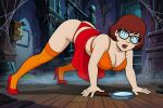 all_fours ass big_breasts bra glasses looking_at_viewer miniskirt scooby-doo stockings thighs thong velma_dinkley
