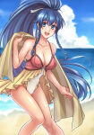 1girl alluring alternate_costume bare_legs beach blue_eyes blue_hair braid cleavage cloud cloudy_sky collarbone covered_navel cowboy_shot day female_focus fire_emblem fire_emblem:_the_sacred_stones fire_emblem_heroes hair_between_eyes hair_ribbon hazuki_(nyorosuke) intelligent_systems knees_together_feet_apart long_hair looking_at_viewer medium_breasts nintendo ocean one-piece_bikini open_mouth outside ponytail ribbon sky smile swimsuit tana_(fire_emblem) tana_(noble_and_nimble)_(fire_emblem) towel twin_braids very_long_hair
