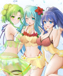3_girls :d ;d alluring aqua_eyes aqua_hair bare_shoulders big_breasts bikini blue_eyes blue_hair braid circlet cleavage closed_mouth covered_navel cowboy_shot eirika_(fire_emblem) eirika_(summer)_(fire_emblem) fire_emblem fire_emblem:_the_sacred_stones fire_emblem_heroes flower green_eyes green_hair hair_flower hair_ornament high_res jewelry l'arachel_(fire_emblem) l'arachel_(summer)_(fire_emblem) long_hair medium_breasts mizumura_(midu_mura) multiple_girls navel necklace nintendo official_alternate_costume one-piece_bikini one_eye_closed open_mouth ponytail red_bikini smile swimsuit tana_(fire_emblem) tana_(noble_and_nimble)_(fire_emblem) water white_bikini yellow_bikini