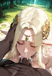 1boy1girl 1girl ai_generated blonde_hair cerestia_of_life cum curvy curvy_female curvy_figure dark-skinned_male dark_skin elf elf_ears fellatio fellatio forest last_origin long_hair nude sex