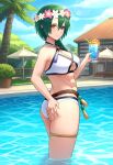 1girl accurate_art_style alluring athletic_female big_breasts brown_eyes female_abs fire_emblem fit_female intelligent_systems mountain_dew_liberty_chill nicado nintendo pin_up swimming_pool teal_hair thorr_(fire_emblem)