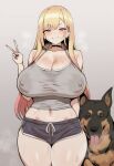 1animal 1boy 1girl 1girls ai_generated animal big_breasts black_collar blonde_hair booty_shorts breasts breasts_bigger_than_head cameltoe canid canine canine_on_human canis cleavage collar dolphin_shorts domestic_dog female_on_feral feral feral_on_female feral_on_human grey_background human_on_feral imminent_bestiality imminent_sex kitagawa_marin looking_at_viewer male nipples nipples_visible_through_clothing peace_sign pink_eyes pink_hair pussy pussy_juice short_shorts shorts smile sono_bisque_doll_wa_koi_wo_suru standing sweat sweating sweaty sweaty_body thick_thighs two-tone_hair wumiai zoophilia