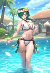 1girl accurate_art_style alluring athletic_female big_breasts brown_eyes female_abs fire_emblem fit_female intelligent_systems nicado nintendo pin_up swimming_pool teal_hair thorr_(fire_emblem)
