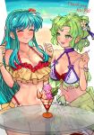 2_girls alluring aqua_hair bikini blush cleavage collarbone commentary_request commission eirika_(fire_emblem) eirika_(summer)_(fire_emblem) fire_emblem fire_emblem:_the_sacred_stones fire_emblem_heroes flower food food_on_face green_eyes green_hair hair_flower hair_ornament high_res holding holding_spoon ice_cream_spoon intelligent_systems jewelry l'arachel_(fire_emblem) l'arachel_(summer)_(fire_emblem) looking_at_another medium_breasts multicolored_bikini multiple_girls navel necklace nintendo official_alternate_costume parfait r123 skeb_commission spoon swimsuit table two-tone_bikini