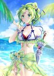 1girl 1girl alluring artist_name bare_shoulders bikini blue_sky cleavage cloud collarbone cowboy_shot fire_emblem fire_emblem:_the_sacred_stones fire_emblem_heroes flower green_eyes green_hair green_sarong hair_flower hair_ornament hair_ribbon holding holding_umbrella intelligent_systems l'arachel_(fire_emblem) l'arachel_(summer)_(fire_emblem) looking_at_viewer medium_breasts navel nintendo ocean official_alternate_costume outside ribbon sarong sky smile swimsuit umbrella white_bikini yuyu_(spika)