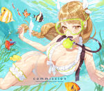 1girl air_bubble bare_arms big_breasts bikini blonde_hair blush bow braid bubble commentary commission coral diving diving_mask english_commentary female fire_emblem fire_emblem_engage fire_emblem_heroes fish flippers frilled_bikini frilled_thigh_strap frills front-tie_bikini_top front-tie_top goggles goldmary_(fire_emblem) goldmary_(summer)_(fire_emblem) hair_bow hair_ornament high_res looking_at_viewer navel nintendo official_alternate_costume scuba scuba_gear scuba_tank side-tie_bikini_bottom sideboob skindentation solo stomach sumustard swimming swimsuit thigh_strap thighs underwater white_bikini yellow_eyes