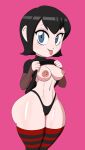 1girl 1girl 1girl black_dress black_hair black_lips black_pantyhose black_shirt blue_eyes breasts breasts_out cleavage curvy goth_girl hotel_transylvania mavis_dracula medium_breasts narrow_waist navel nipples panties shirt_lift tansau thick_thighs wide_hips