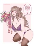 1girl 1girl 1girl alluring alternate_costume bare_arms bare_shoulders big_breasts bouquet bride brown_eyes brown_hair cleavage collarbone cryptid_crab english_text fire_emblem fire_emblem_awakening flower intelligent_systems lingerie long_hair looking_at_viewer nintendo panties purple_panties ring smile solo_female stockings sumia_(fire_emblem) text thick_thighs thighs wedding_ring wide_hips