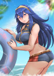 1girl 1girl 1girl alluring alternate_costume ass ass_cleavage ass_crack bare_thighs big_ass big_breasts bikini blue_bikini blue_eyes blue_hair blue_swimsuit butt_crack covered_nipples female_only fire_emblem fire_emblem_awakening fire_emblem_cipher fire_emblem_warriors innertube intelligent_systems long_hair looking_back lucina lucina_(fire_emblem) nintendo ocean official_alternate_costume outside rinku_bny smile swimsuit thick_thighs thighs tiara