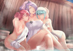 1girl 3_girls alluring alternate_costume alternate_hairstyle beruka_(fire_emblem) big_breasts big_breasts blue_eyes blue_hair camilla_(fire_emblem) cleavage closed_eyes crossed_legs female_only fire_emblem fire_emblem_fates fire_emblem_heroes grin group_hug hot_spring hugging human human_only intelligent_systems laugh multiple_females multiple_girls naked_towel nintendo onsen open_mouth open_smile purple_hair red_eyes red_hair rinku_bny selena_(fire_emblem_fates) severa_(fire_emblem) short_hair small_breasts smile towel wholesome yuri