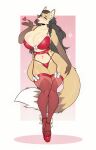 1girl big_ass big_breasts black_hair canine cute fluffy_tail kiwipotato lingerie long_ears long_hair platform_shoes ponytail seductive sexy tail thick_legs thighs wolf