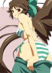 1girl ass back bird_wings blush bow bra brown_eyes brown_hair female hair_bow long_hair looking_at_viewer no_shirt open_mouth panties ponytail reiuji_utsuho shin'ya_(nanp) shin'ya_(nanp) skirt skirt_pull solo striped striped_bra striped_panties touhou underwear undressing very_long_hair wings