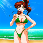 1girl adult_swim alluring beach big_breasts bikini bishoujo_senshi_sailor_moon bishoujo_senshi_sailor_moon_r bishoujo_senshi_sailor_moon_r_the_movie bishoujo_senshi_sailor_moon_s bishoujo_senshi_sailor_moon_s_the_movie bishoujo_senshi_sailor_moon_supers bishoujo_senshi_sailor_moon_supers_the_movie blue_sky brown_hair eating_food green_eyes holding_food makoto_kino ocean toei_animation toonami under_boob viz_media wolf_(artist)