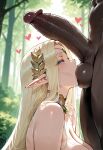 1boy1girl 1girl ai_generated blonde_hair cerestia_of_life curvy curvy_female curvy_figure dark-skinned_male dark_skin elf elf_ears fellatio forest kissing_penis last_origin long_hair nude sex