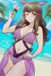 1girl 1girl 1girls ;) alluring alternate_costume bangs bare_midriff bare_thighs beach big_breasts bikini brown_eyes brown_hair cleavage confident female_only fire_emblem fire_emblem_awakening fire_emblem_warriors flower hair_ornament higher_resolution_available intelligent_systems laluring looking_at_viewer midriff milf nintendo ocean outside purple_bikini purple_swimsuit rotomdocs see-through smile sumia_(fire_emblem) swimsuit thighs veil wink