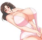 1girl belly bikini blush breasts brown_hair cleavage curvy gigantic_breasts hair highres hips lips long_hair looking_away midriff navel open_mouth original pink_swimsuit plump red_eyes simple_background solo swimsuit swimsuit_pull tamanegiya white_background wide_hips