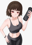 1girl abs absurd_res alluring artist_name athletic_female atlus big_breasts black_tank_top braid brown_hair cleavage collarbone commentary condensation crown_braid drink female_abs fit_female hand_on_own_hip high_res holding holding_drink makoto_niijima midriff n7grey pants persona persona_5 red_eyes sega short_hair silf smile sportswear sweat tank_top toned toned_female wristband yoga_pants