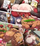 1boy 2_girls aphrodite_(shuumatsu_no_valkyrie) ass big_ass big_ass blonde_hair blue_eyes blush brazilian brazilian_female breasts christmas comic dratvan gigantic_breasts giovanna_(guilty_gear) guilty_gear guilty_gear_strive huge_ass huge_breasts nipples penis penis_peek record_of_ragnarok red_hair short_hair shuumatsu_no_valkyrie testicle thick_thighs white_hair wide_hips