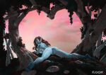 1girl anus ass back bangs bare_back barefoot big_ass blue_skin breast_press completely_nude completely_nude_female expressionless feet female_only female_solo flook flook_(artist) forest from_behind full_body goblin_female heart legs lips lipstick long_hair looking_at_viewer looking_back lying lying_on_stomach makeup monster_girl nature nude nude_female on_stomach original original_character outdoor_nudity outside parted_lips pink_sky pointy_ears pussy rock sideboob sky spread_legs straight_hair swept_bangs thighs tree