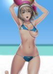 absurd_res alluring areola arms_up ball beach beachball belly big_breasts bikini blonde_hair breasts cameltoe cassandra_alexandra flower green_eyes hair hair_flower hair_ornament hairband highres kansuke navel nipple_slip nipples open_mouth silf solo soul_calibur standing swimsuit unaligned_breasts