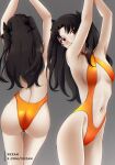 1girl 1girl 1girls arms_up ass ass_shot back back_view backless_swimsuit big_ass black_hair breasts cleavage fate_(series) female_only hair hair_ornament hair_ribbon ishtar_(fate) orange_swimsuit red_eyes ribbon small_breasts solo_female swimsuit swimwear thighs twin_tails xkzan