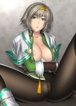 absurd_res areola areola_slip belt blush breasts cassandra_alexandra censored green_eyes grey_hair hairband high_res kansuke looking_at_viewer nipple_slip nipples no_bra no_panties open_mouth open_shirt pantyhose pussy short_hair silf sitting solo soul_calibur soulcalibur_iv spread_legs white_hair