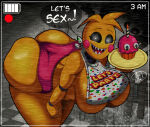 1girl 1girl 1girls 4j03 animatronic animatronic_female big_ass camera_view chicken chicken_girl cupcake_(fnaf) five_nights_at_freddy's five_nights_at_freddy's_2 fnaf fnaf2_location phasianid robot robot_girl scottgames toy_chica_(fnaf) yellow yellow_skin