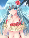 1girl 1girl alluring aqua_eyes aqua_hair beach bikini cleavage eirika_(fire_emblem) eirika_(summer)_(fire_emblem) fire_emblem fire_emblem:_the_sacred_stones fire_emblem_heroes flower food hair_between_eyes hair_flower hair_ornament holding_food holding_ice_cream ice_cream intelligent_systems jewelry kirishima_riona long_hair looking_at_viewer medium_breasts navel necklace nintendo ocean official_alternate_costume popsicle red_bikini swimsuit tongue tongue_out upper_body yellow_bikini