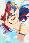 1girl alear_(female)_(fire_emblem) alear_(female)_(seaside_dragon)_(fire_emblem) alear_(fire_emblem) alluring alternate_costume alternate_hairstyle atoatto bare_legs bikini blue_bikini blue_eyes blue_hair blue_swimsuit cleavage criss-cross_halter crossed_bangs female_only fire_emblem fire_emblem_engage fire_emblem_heroes gold_armlet gold_thighlet halterneck heterochromia intelligent_systems kicking long_hair medium_breasts multicolored_bikini multicolored_clothes multicolored_hair multicolored_swimsuit nintendo official_alternate_costume official_alternate_hairstyle ponytail red_bikini red_eyes red_hair red_swimsuit sommie_(fire_emblem) splashing split-color_hair swimsuit two-tone_hair very_long_hair white_bikini white_swimsuit