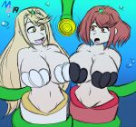 2girls arms_behind_back bare_shoulders blonde_hair blue_background breast_press coils collarbone eyebrows_visible_through_hair female female_only femsub gradient_background headdress huge_breasts hypnotic_tentacle jewelry long_hair megagundamman mermaid midriff multiple_girls multiple_subs mythra_(xenoblade) navel nintendo open_mouth pyra_(xenoblade) red_hair restrained short_hair smile tentacle underwater xenoblade_chronicles xenoblade_chronicles_2