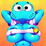 1girl 1girls ai_generated areola areola areola_slip arms_behind_head big_breasts exaggerated_proportions furry furry_female knottagooner nicole_watterson the_amazing_world_of_gumball