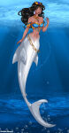 1girl aladdin_(series) arabian belly big_breasts black_hair breasts brown_eyes cleavage dark-skinned_female dark_skin disney disney_princess female female_only grey_tail harem_outfit jpeg long_hair merfolk mermaid mermaid_tail mermaid_transformation mshowllet princess_jasmine shark_tail signature solo species_transformation transformation underwater water
